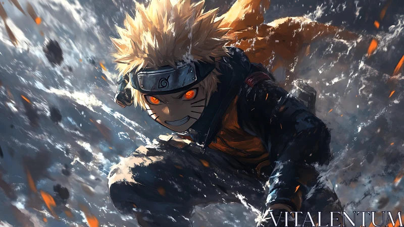 Dynamic anime ninja portrait in explosive motion blur lighting