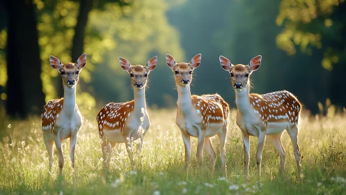 Morning meadow quartet of dappled fawns in sunlit hush.