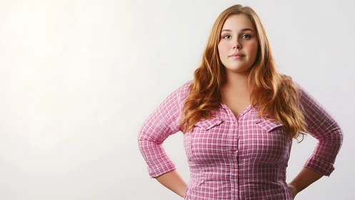 Confident woman in pink plaid shirt on white studio background.
