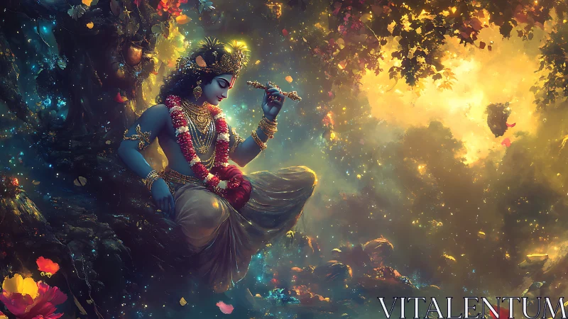 Divine blue figure with flute in luminous forest scene.