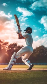 Cricket batter drives ball under vivid sunset sky.
