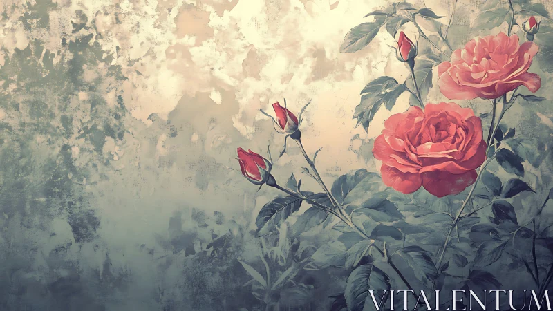 Beautiful Red Roses Bloom Against Weathered Vintage Walls