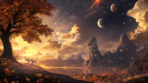 Celestial autumn valley rendered in high-fantasy digital painting