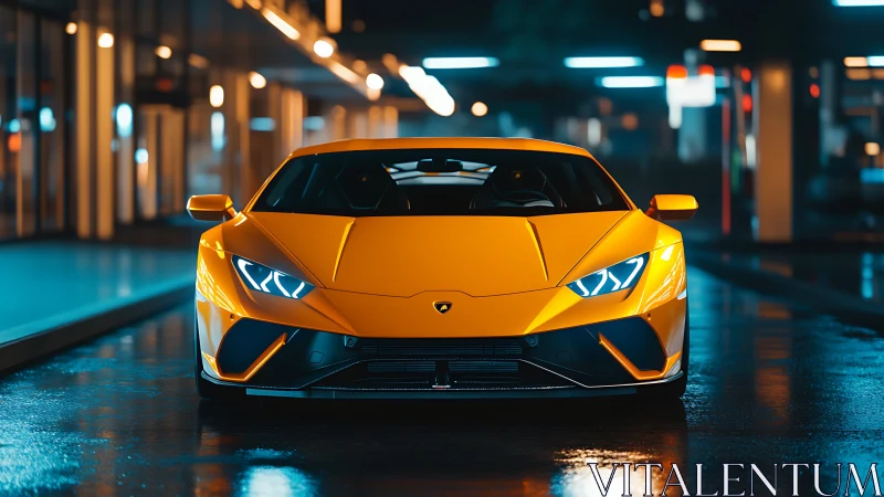 Yellow sports coupé on wet urban street at night.