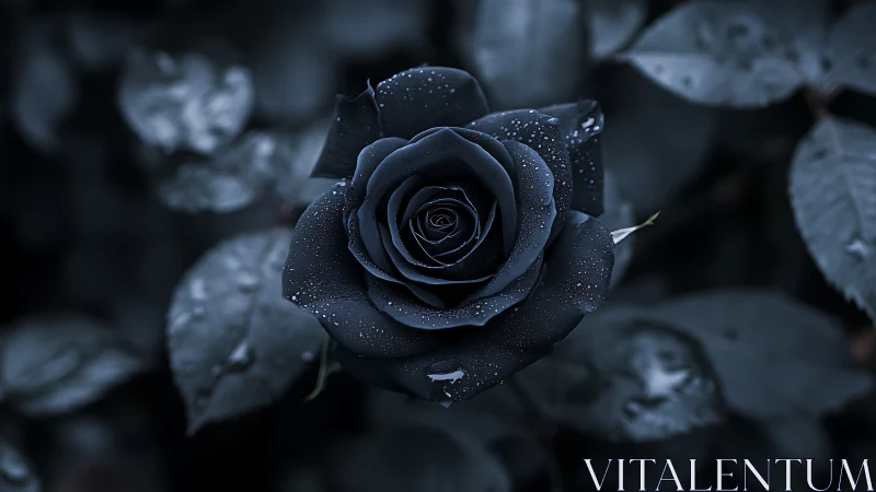 Macro closeup of dewy midnight-blue rose with soft bokeh foliage