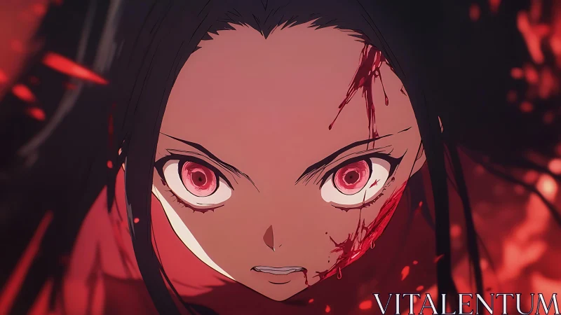 Fierce anime warrior stares ahead through blood and fire