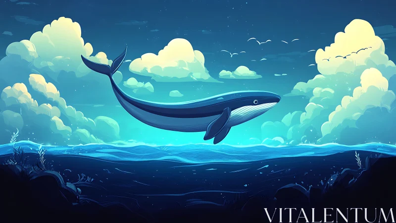 Gentle blue whale drifting through a glowing twilight sea.