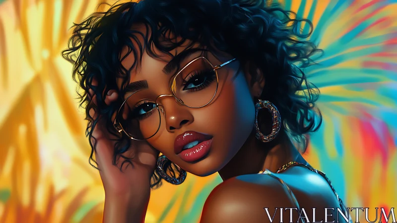 Digital portrait glam woman with glasses, neon backdrop.