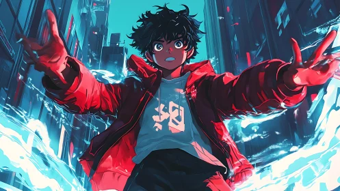 Urban anime teen with glowing energy in city street.