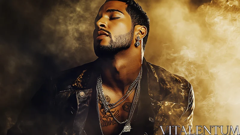 Male subject in leather jacket amid diffuse golden haze.