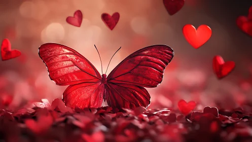 Chromatic macro study of red butterfly amid heart bokeh field.