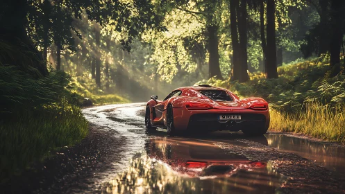 Red supercar glides along wet forest road at sunrise.