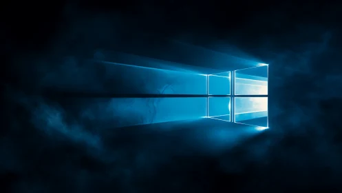Radiant blue window logo glows softly through drifting mist