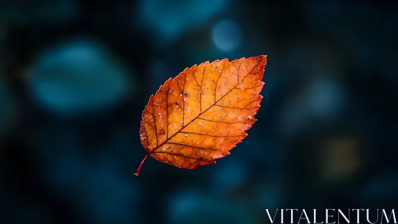 Macro study of suspended autumn leaf against cool bokeh field.