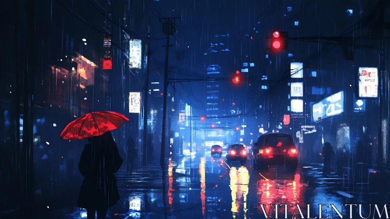 Lone figure with red umbrella on neon lit rainy city street.