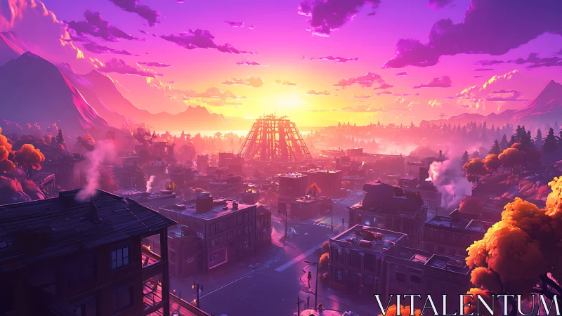 Vibrant sunset over stylized city and distant mountains.