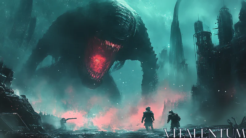Colossal alien beast confronts armed soldiers in ruined city