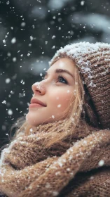 Woman in winter clothing looks upward through falling snow