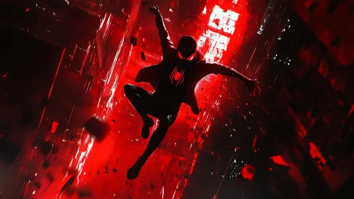 Silhouetted masked hero diving through red city light.