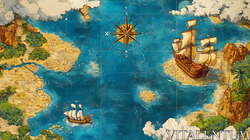 Stylized nautical map with sailing ships and coastal islands.