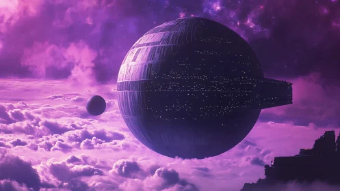 Spherical space station hovers above luminous violet clouds