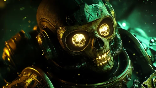 Cybernetic skull warrior with glowing neon eyes armor.