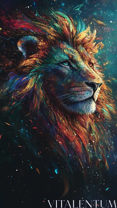 Starlit lion gazes calmly through swirling cosmic color
