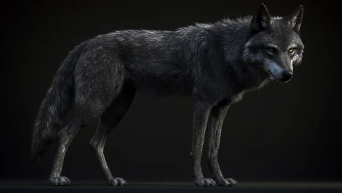 Black wolf render shows detailed fur under low key lighting