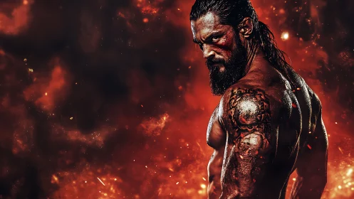 Warrior with bloodied face against fiery burning backdrop.