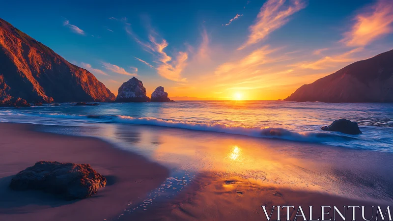 Coastal shoreline at sunset with cliffs and scattered rocks.