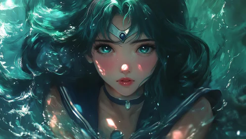 Tidal starlight heroine rising from teal whispering waters.