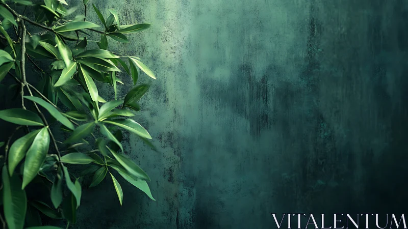 Specular foliage against textured teal patina wall surface.