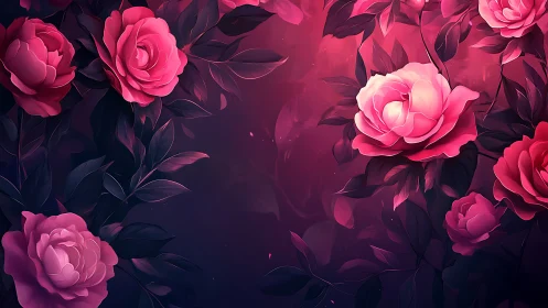 Digital Rendering of Luminous Pink Peonies Against Deep Burgundy Gradient