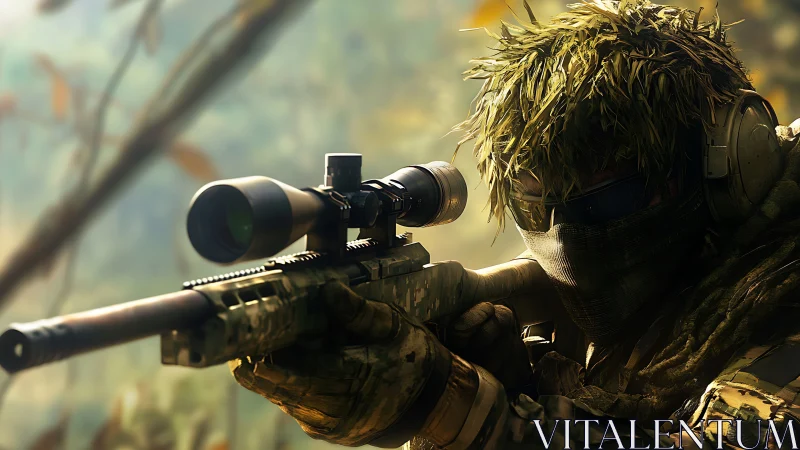 Tactical Sniper in Ghillie Suit Aiming Through Rifle Scope.