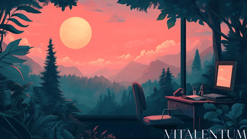 Digital workstation overlooks stylized forested mountain sunset
