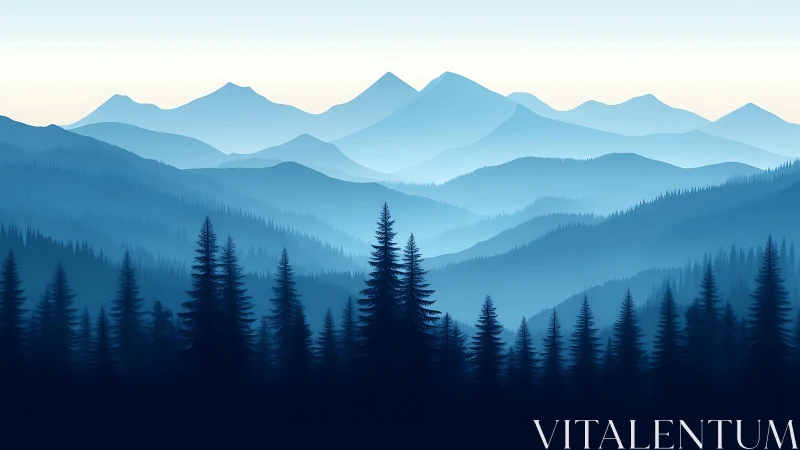 Layered conifer forest and distant mountain silhouettes panorama.
