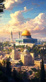 Golden-domed cityscape glowing under soft evening skies.