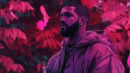Man in hooded jacket amid pink foliage at dusk.