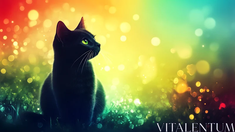 Black Cat with Yellow Eyes Surrounded by Colorful Bokeh Light