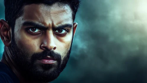 Close cropped male portrait shows intense frontal gaze