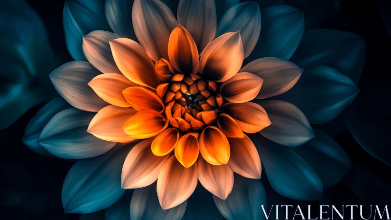 Dahlia Flower Study. Orange and Gold Petals Against Dark Teal Background