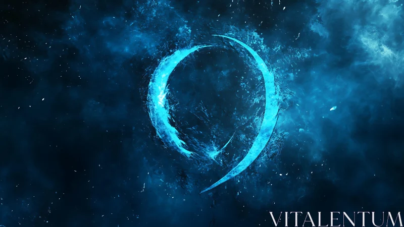 Glowing blue energy crescent burns inside deep cosmic void