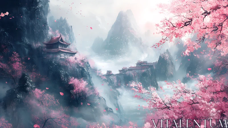Mist-shrouded mountain temples framed by dense sakura blossom gradients
