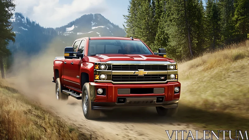 Crimson mountain pickup thunders through sunlit forest dust.