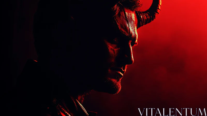 Horned demon profile emerges in dramatic red shadowed light.