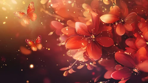Luminous Red Flora: Digital Rendering with Butterflies and Bokeh.