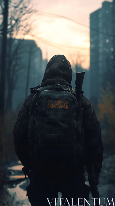 Solitary hooded wanderer in post-apocalyptic urban ruins at dusk