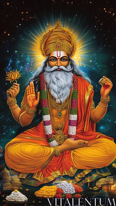 Radiant cosmic sage in golden robes and serene blessing.