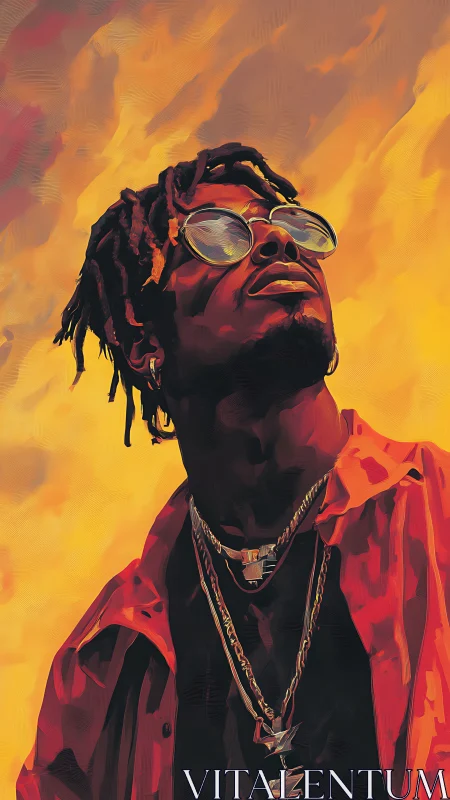 Stylized portrait shows confident man under burning sky