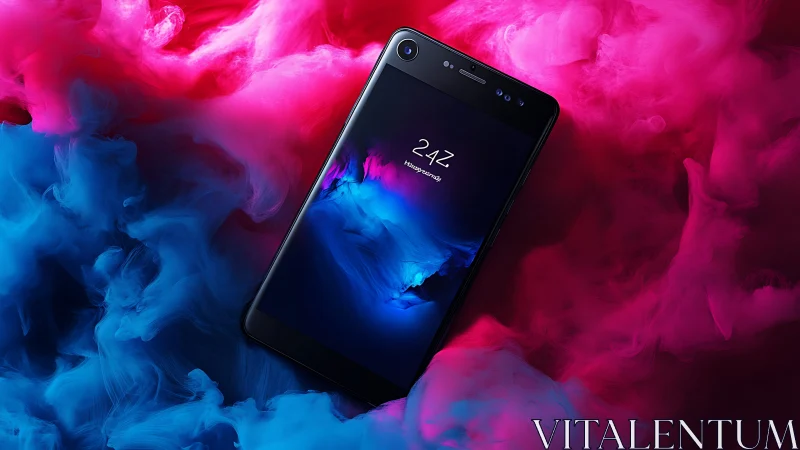 Sleek smartphone rests in neon pink and blue vapor clouds.